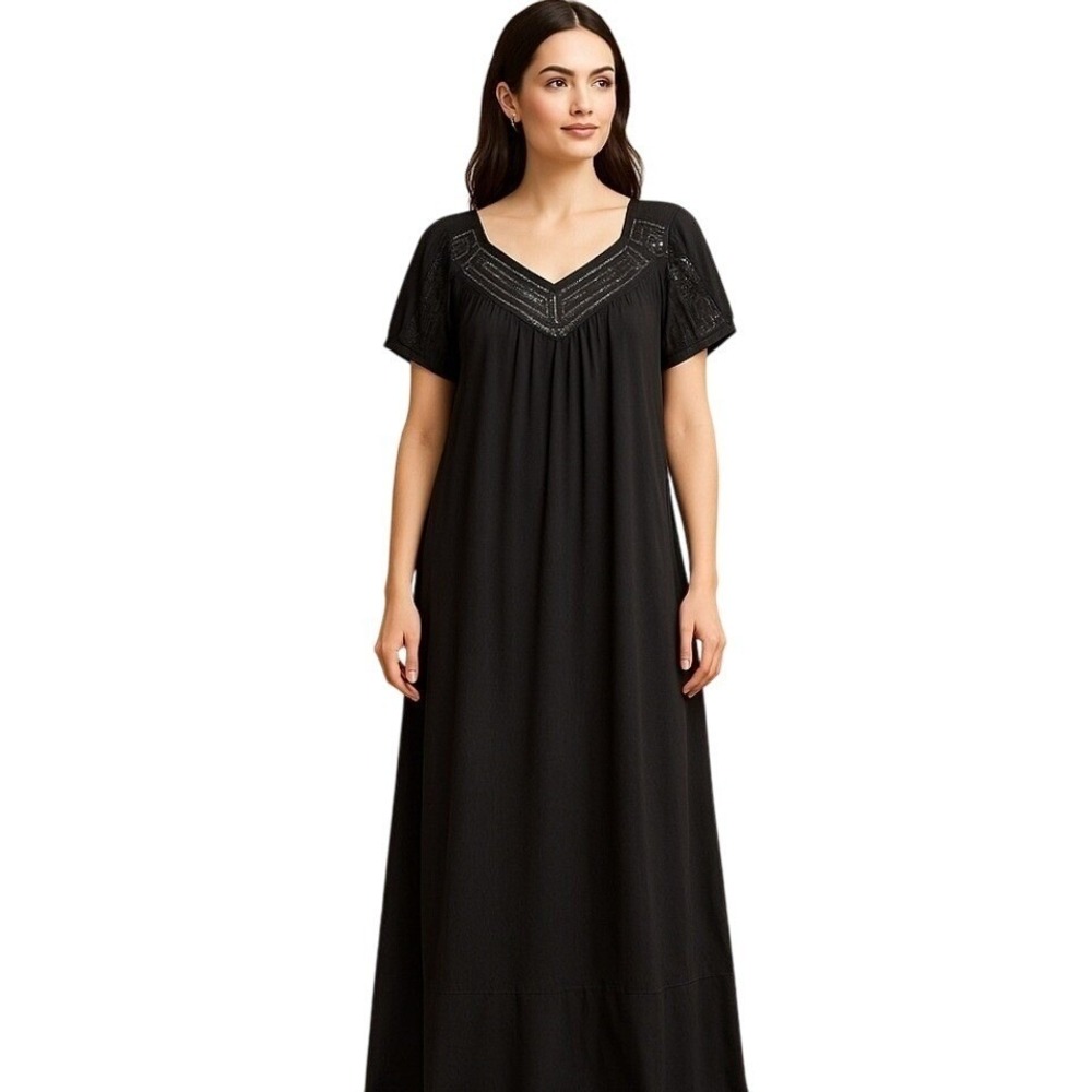 BCBG MAX AZRIA Black Tunic Dress Geometric Sequin Detail‎ Short Sleeve V-Neck M